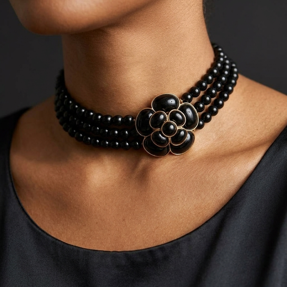 A close-up of a model's neck and upper chest wearing a black beaded choker necklace with a central flower-shaped gold and black centerpiece.