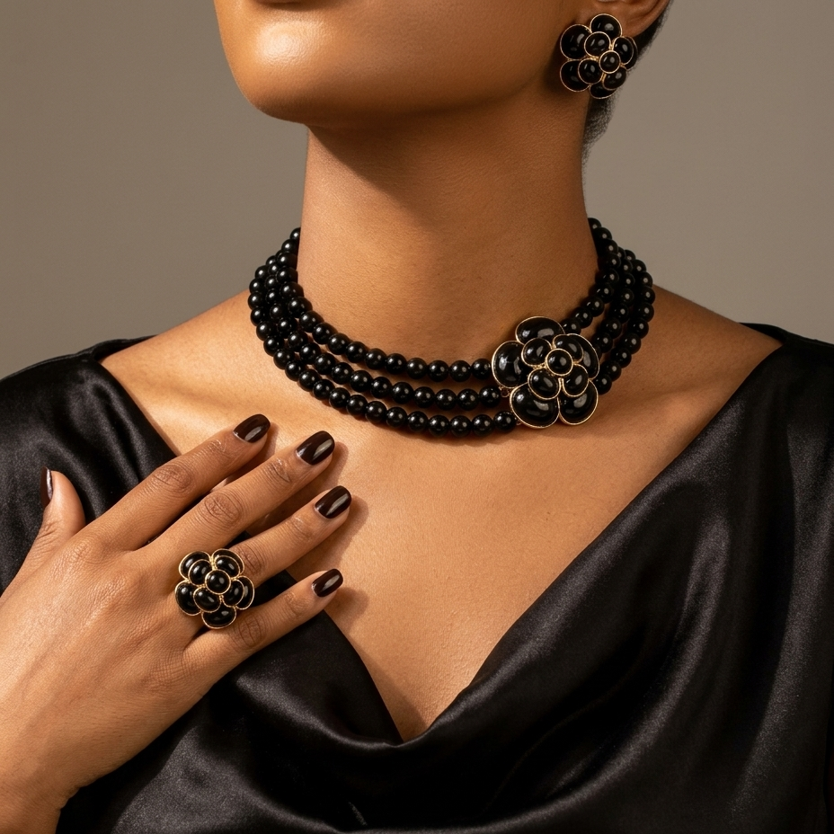 A close-up of a model wearing a black beaded multi-strand choker necklace with a flower-shaped centerpiece, matching black beaded ring, and matching black beaded earring, styled with a black satin top.