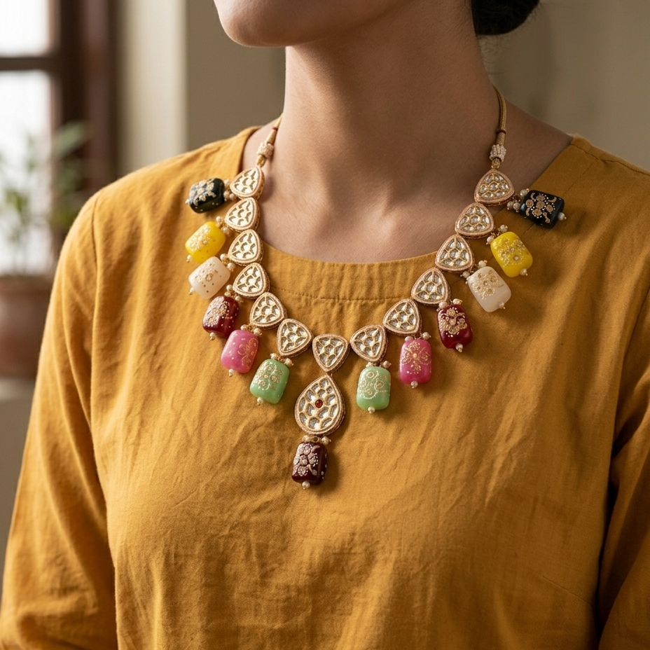 A close-up of a model wearing a chunky statement necklace with carved gold-toned heart-shaped beads and colorful dangling charms in pink, green, yellow, and white, paired with a mustard yellow linen top.