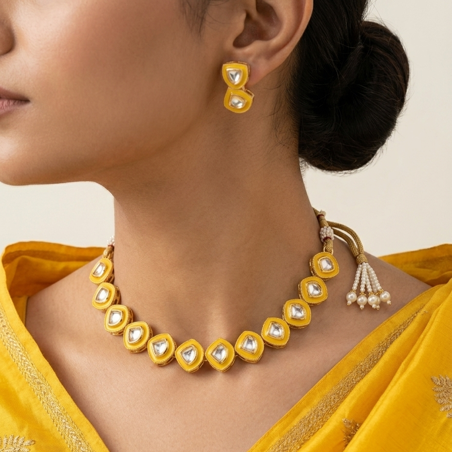 A close-up of a model wearing a gold-plated kuthar jewelry set, including a necklace and matching earrings with clear stones, paired with a yellow saree.