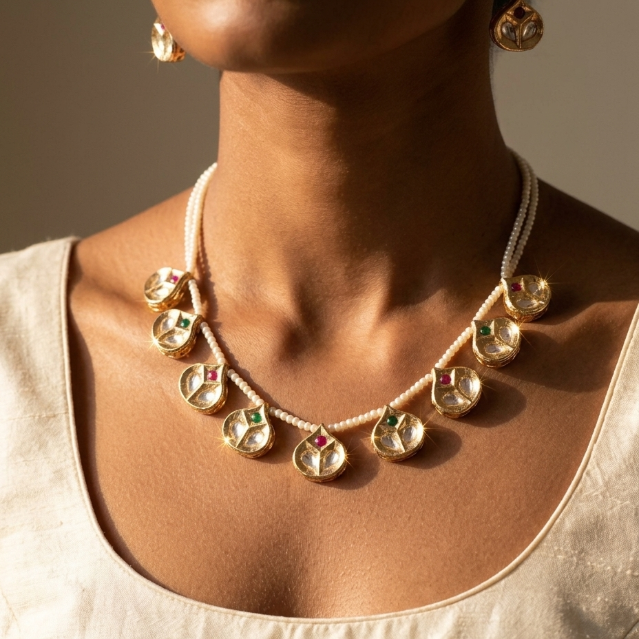 A close-up of a model wearing a gold-toned statement necklace with clear crystal-like circular elements and small green and pink stone accents, paired with matching earrings and a cream-colored top.