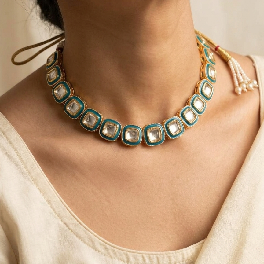 A close-up of a model wearing a gold-toned traditional Indian-style necklace with square turquoise and white stone inlays, along with a matching earring and cream-colored top.