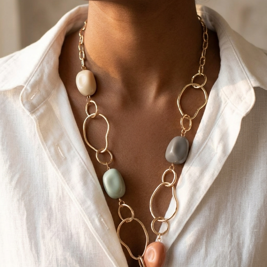A close-up of a model wearing a gold chain necklace with abstract oval links and pastel-colored stone-like beads in beige, sage green, peach, and gray, styled with a white linen shirt.