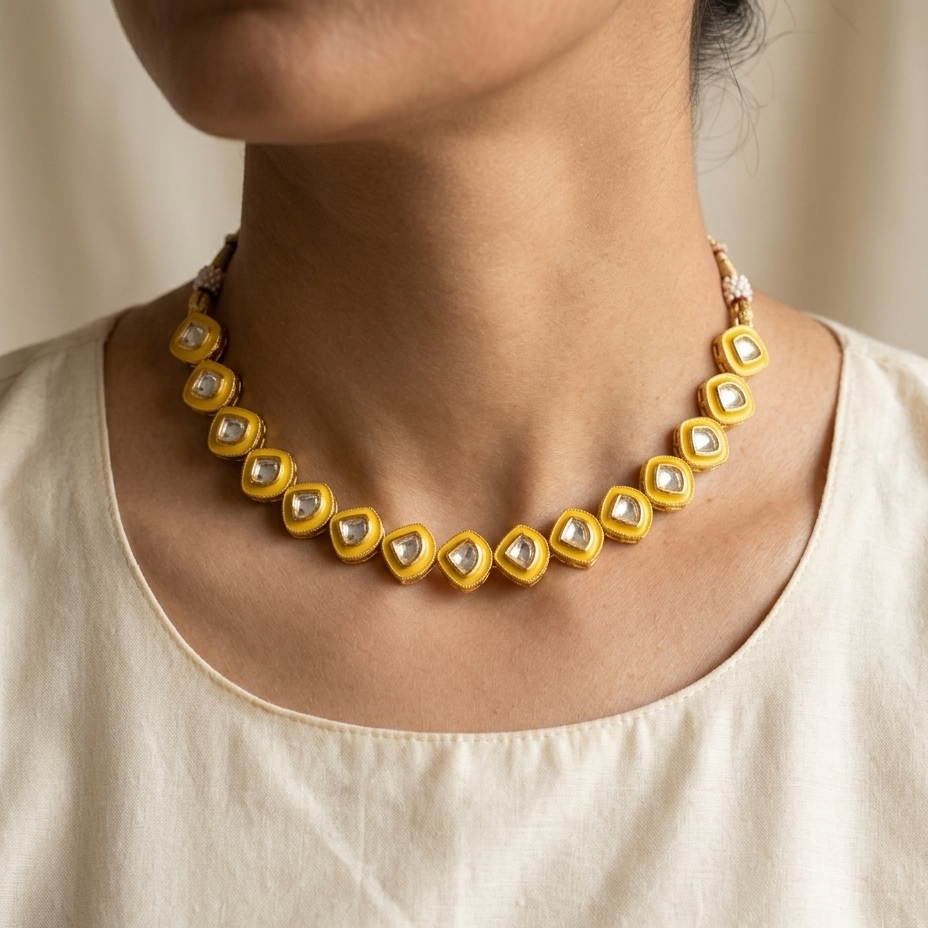 A close-up of a model wearing a gold necklace with square-cut clear stones in gold bezels, paired with a cream-colored top.