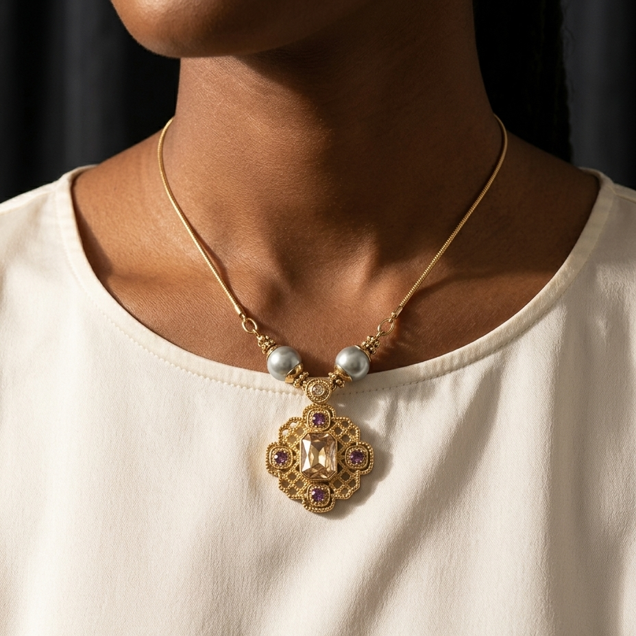A close-up of a model wearing a gold pendant necklace with white pearls and purple gemstones, styled with a cream-colored top.