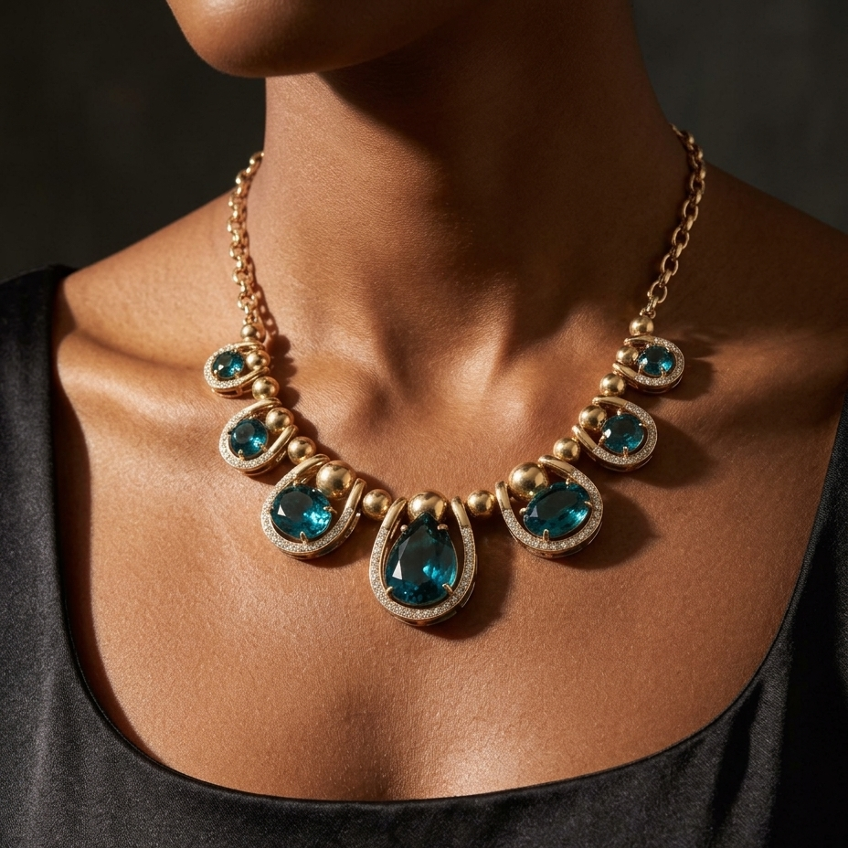 A close-up of a model wearing a gold statement necklace with large teal-blue teardrop gemstones and small clear accent stones, paired with a black top against a dark background.