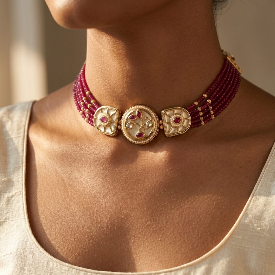 A close-up of a model wearing a traditional Indian choker necklace. The necklace features multiple strands of deep red beads, three ornate gold-toned decorative plates, and small red stone accents.