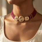 A close-up of a model wearing a traditional Indian choker necklace. The necklace features multiple strands of deep red beads, three ornate gold-toned decorative plates, and small red stone accents.