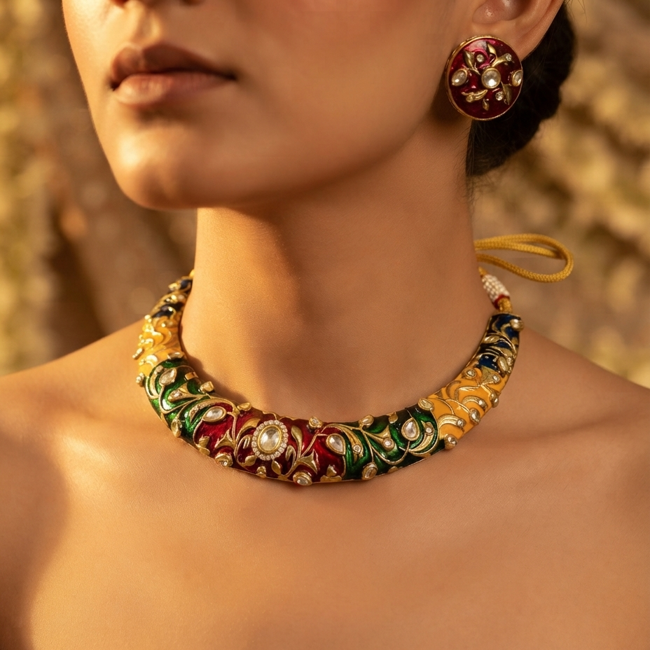 A close-up of a model wearing a traditional Indian choker necklace and matching earring. The necklace features intricate hand-painted enamel in red, green, and gold with central pearl-like stones.