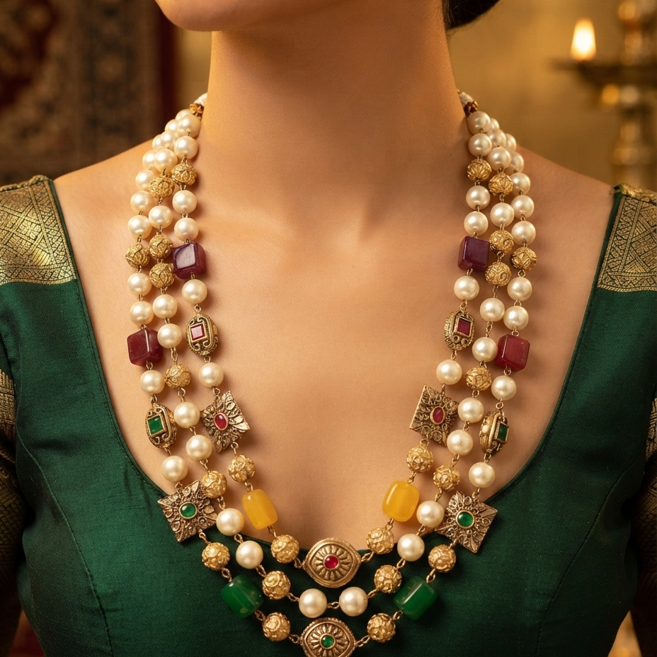 A close-up of a model wearing a traditional Indian multi-strand statement necklace. The necklace features white pearls, gold-plated beads, yellow and green stone accents, and red stone details, paired with a dark green embroidered blouse.