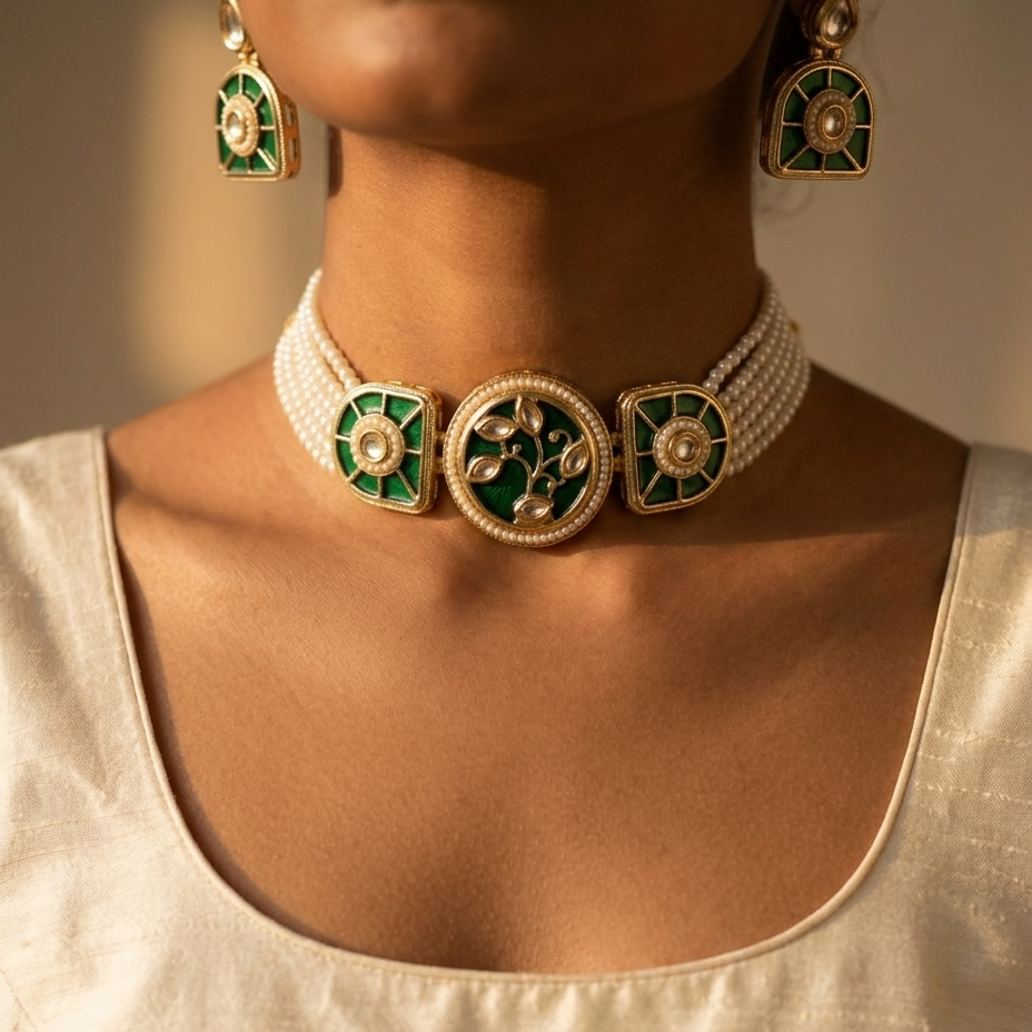 A close-up of a model wearing a traditional Indian style necklace and matching earrings. The necklace features a white pearl-wrapped band with three central decorative elements: a round gold medallion with green enamel and floral motifs, and two square gold panels with green enamel and pearl details.