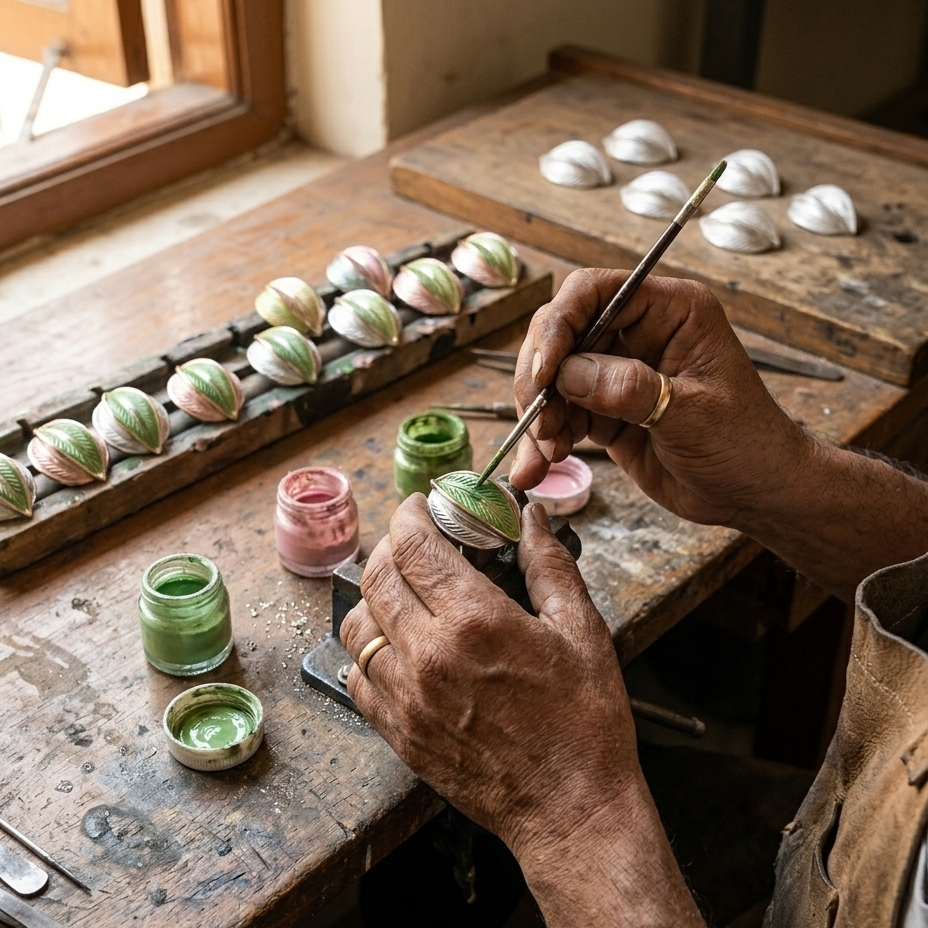 A close-up of a person's hands painting small seashell-shaped objects on a rustic wooden workbench, with jars of green and pink paint nearby.
