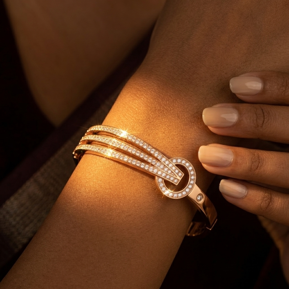 A close-up of a person's wrist wearing a rose gold cuff bracelet adorned with pavé-set clear stones and a circular clasp, shown against warm skin tones and a dark background.