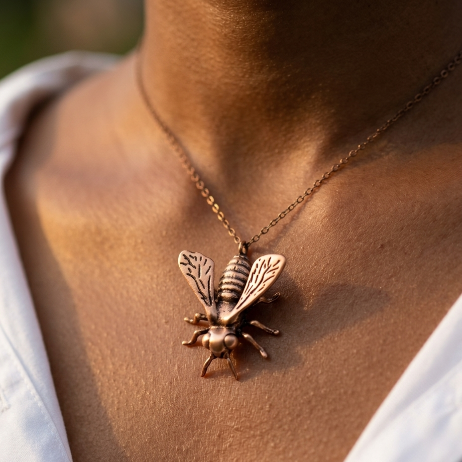 A close-up of a person wearing a detailed bee pendant necklace in a warm copper or rose-gold-toned metal, paired with a white collared shirt.