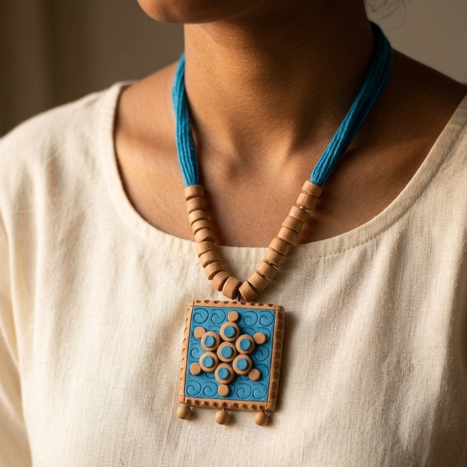 A close-up of a person wearing a handmade geometric pendant necklace. The necklace features a vibrant turquoise blue square pendant with carved wooden details, suspended from a matching blue cord and a strand of carved wooden beads.