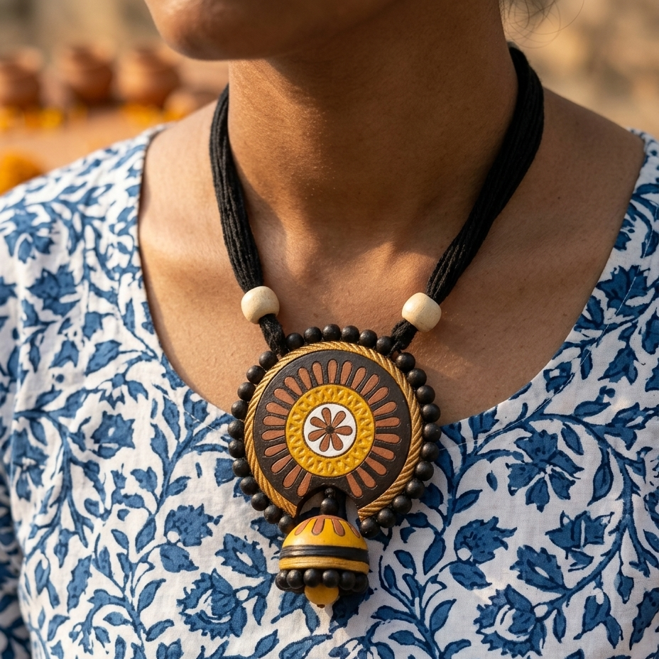 A close-up of a person wearing a large circular carved pendant necklace with a tassel, over a blue and white floral printed top. The necklace has a black cord, dark brown and beige beads, and a central carved medallion with yellow, brown, and black details.