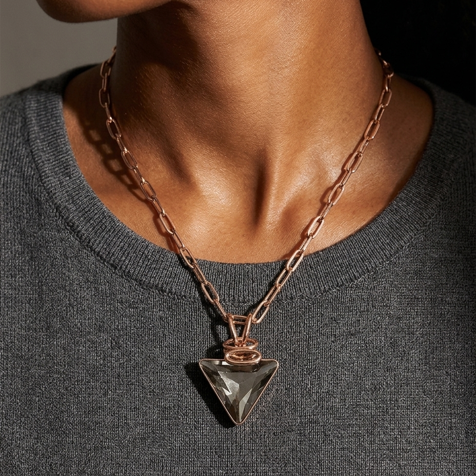 A close-up of a person wearing a rose gold chain necklace with a triangular faceted smoky gray pendant, paired with a dark gray knit top.