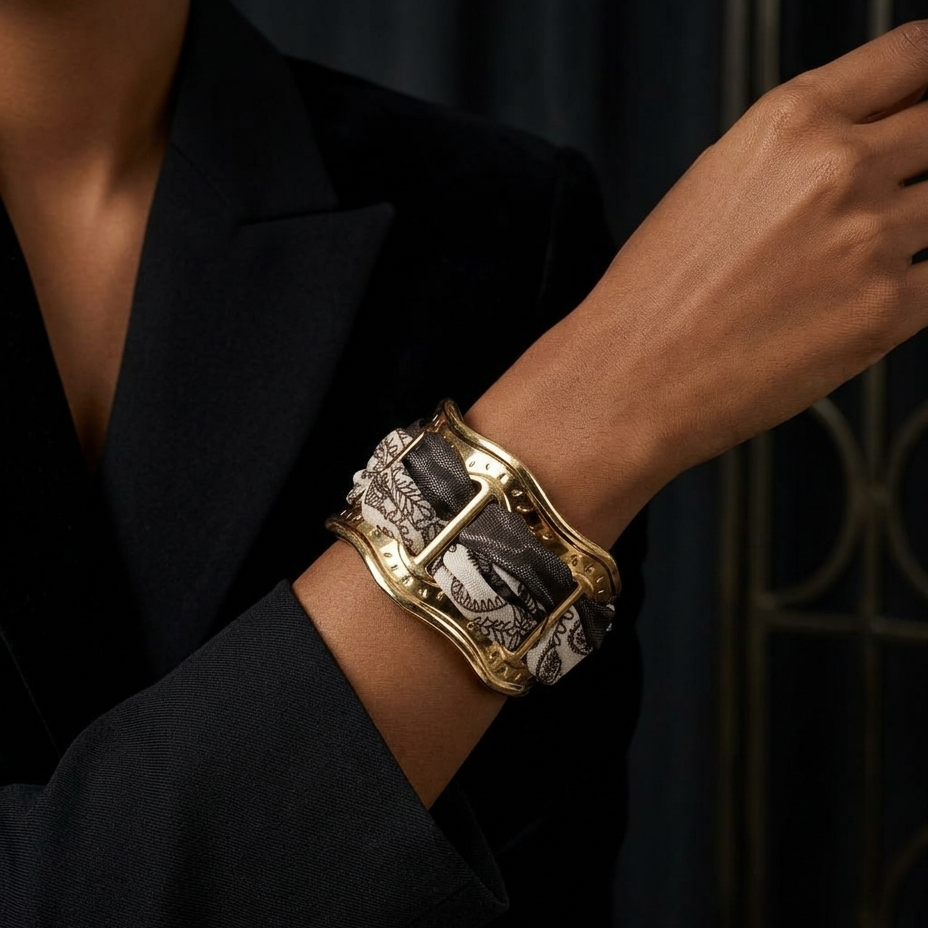A close-up of a person wearing a wide gold-tone cuff bracelet with a black, white, and gray patterned inlay, styled with a black blazer.