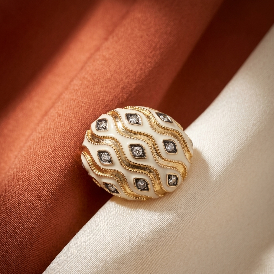 A close-up of a round gold and white brooch with small diamond-like accents, resting on draped cream and rust-colored fabric.