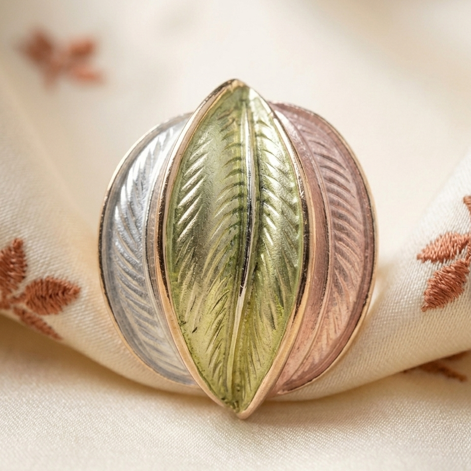 A close-up of a three-piece ring featuring three leaf-shaped segments in silver, rose gold, and gold, with textured leaf vein details, resting on a cream-colored embroidered fabric.