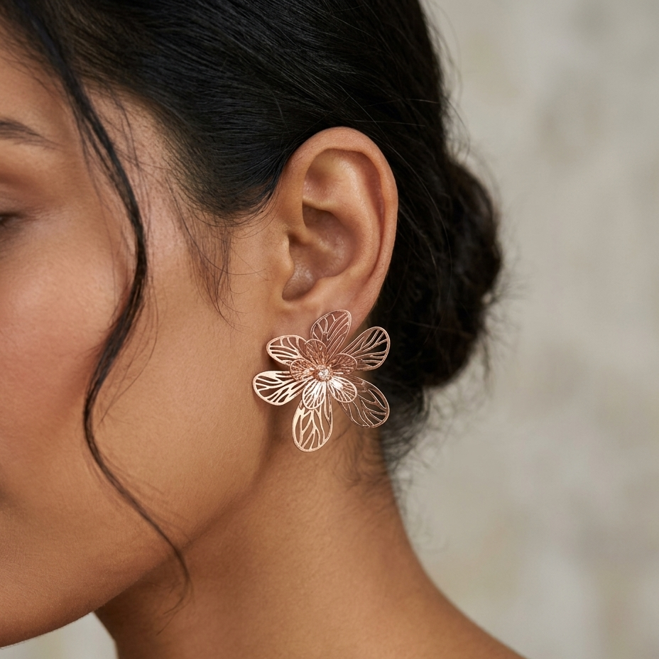 A close-up of a woman's ear wearing a rose gold flower-shaped stud earring with intricate wire detailing.