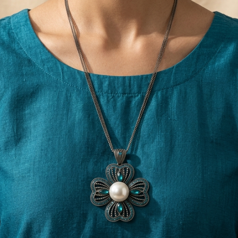 A close-up of a woman wearing a dark silver flower-shaped pendant necklace with a white pearl center and small turquoise accents, paired with a teal top against a warm beige background.