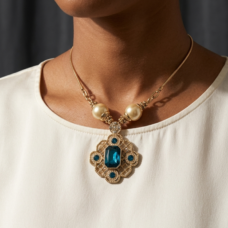 A close-up of a woman wearing a gold-toned statement necklace with two cream pearls, a large blue rectangular centerpiece, and small blue stones, paired with an off-white top.