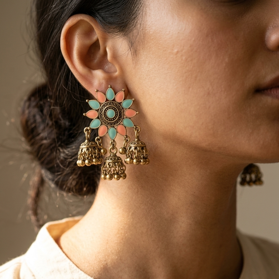 A close-up of a woman wearing a large floral-inspired gold dangle earring with mint green and peach petal details and dangling bell charms, paired with a light beige linen top.