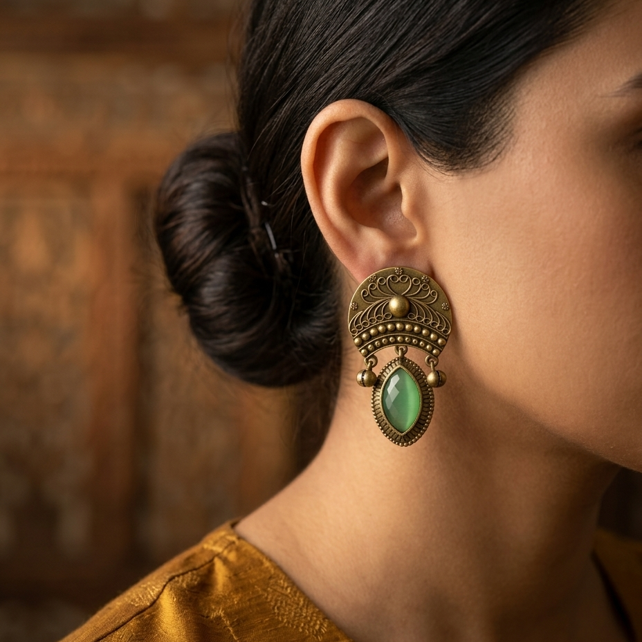 A close-up of a woman wearing an ornate antique bronze earring with a green stone, set against a warm, blurred background.