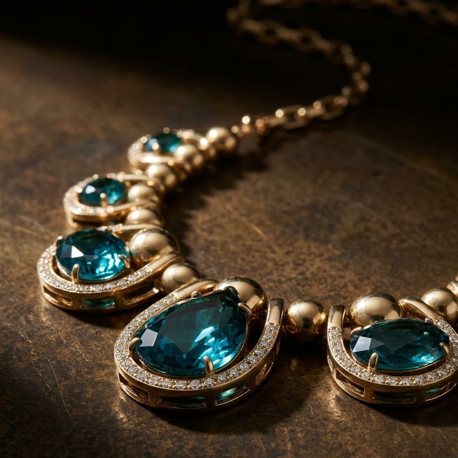 A close-up of an ornate gold necklace with large oval and marquise-cut deep blue gemstones, accented by small clear stones in halo settings, resting on a dark textured metallic surface.