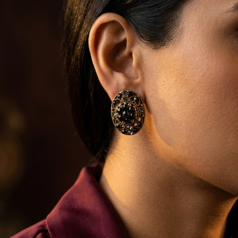 A close-up side profile of a person wearing an ornate round earring with a dark central stone and surrounding gold-toned detailing, against a warm dark brown background.