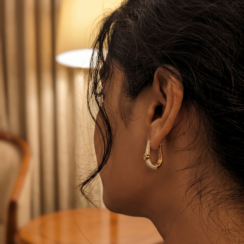 A close-up side profile of a woman wearing a delicate gold hoop earring with a textured, beaded wrap design. The background is a warm, softly blurred indoor setting with a wooden table and a lamp.