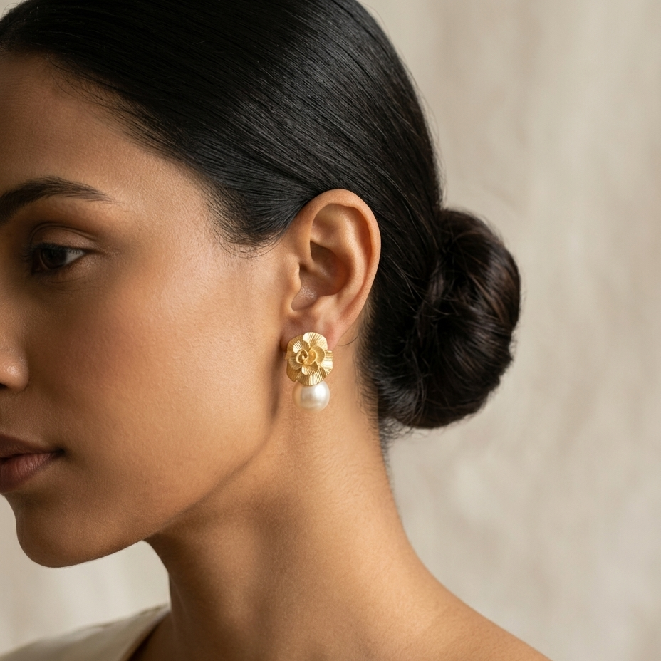A close-up side profile of a woman wearing a gold flower-shaped stud earring with a white pearl drop, against a soft beige background.