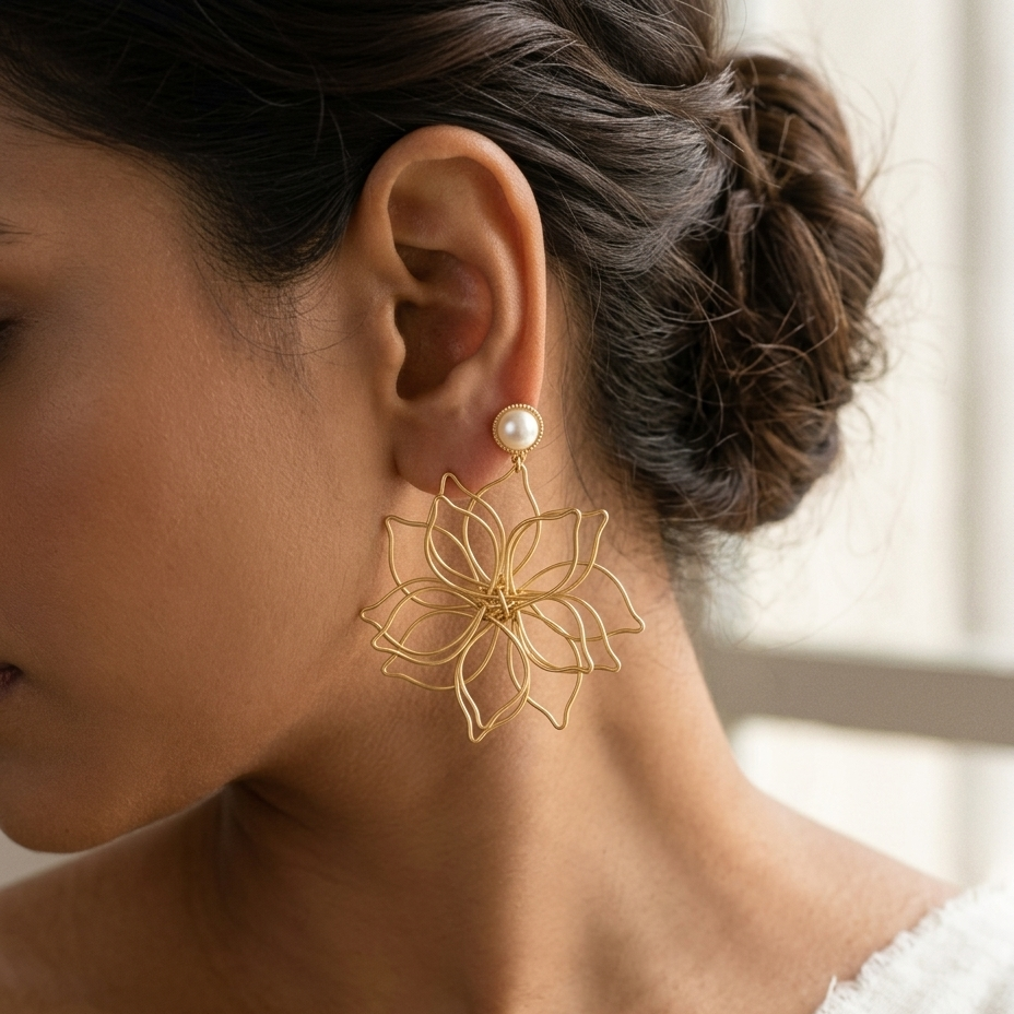 A close-up side profile of a woman wearing a gold wire flower dangle earring with a single white pearl stud above it.