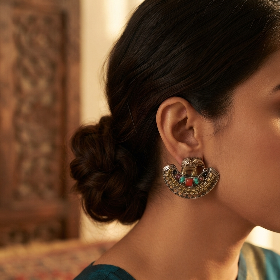 A close-up side profile of a woman wearing a large, ornate gold-toned crescent-shaped earring decorated with small turquoise and red stones, paired with a teal sari in a warm, traditional indoor setting.