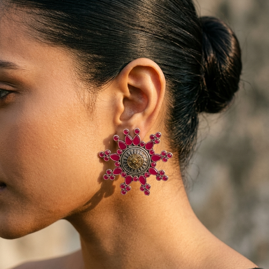 A close-up side profile of a woman wearing a large, ornate gold-toned earring adorned with bright pink stones and intricate detailing.