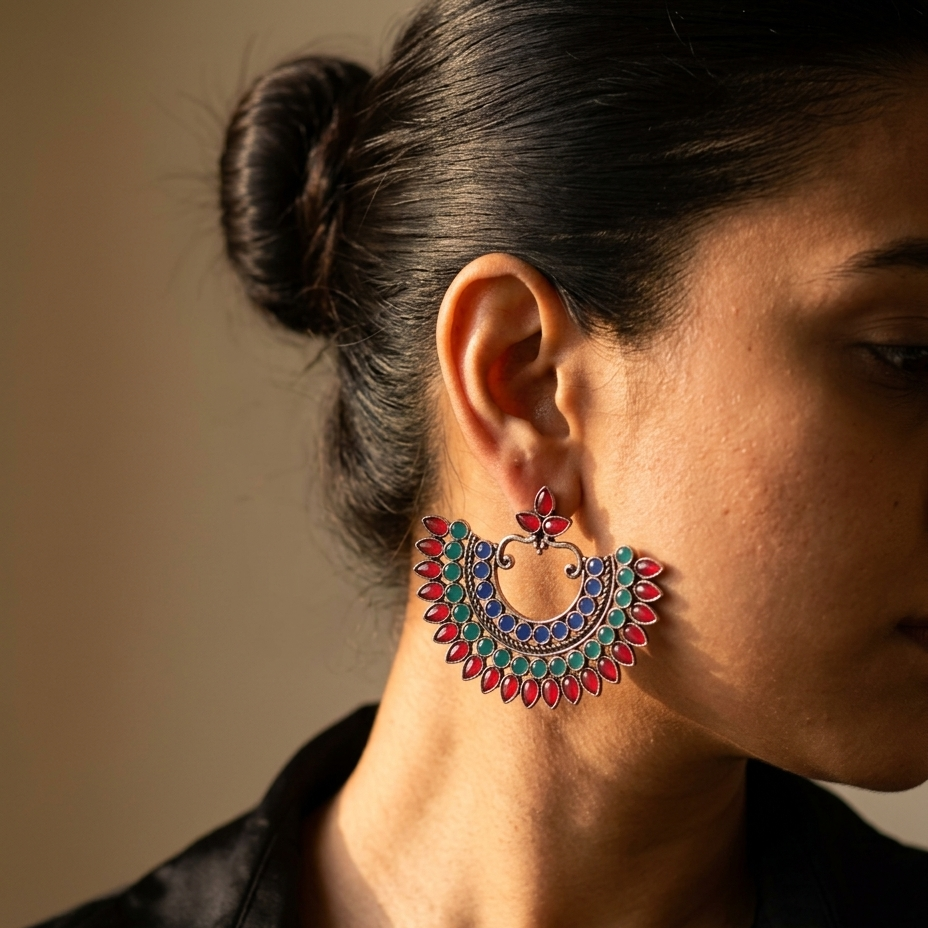A close-up side profile of a woman wearing a large, ornate, multi-colored crescent-shaped earring with red, green, and blue enamel details.