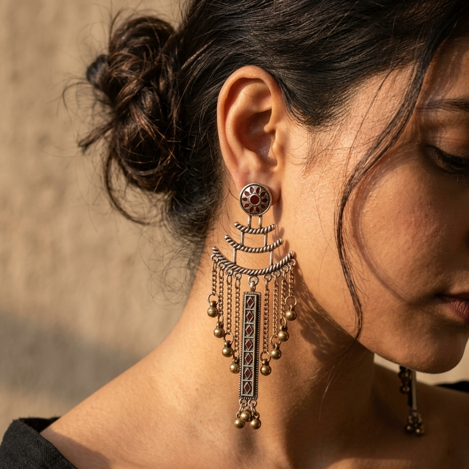 A close-up side profile of a woman wearing a pair of ornate dangling earrings. The earrings feature a circular top with a geometric pattern, layered curved wire details, and multiple dangling chains with small metallic beads.