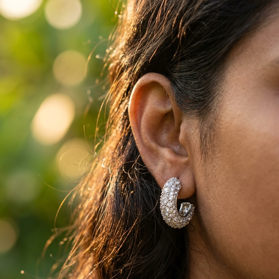 A close-up side profile of a woman wearing a silver crescent-shaped hoop earring paved with clear stones, set against a soft, blurred green bokeh background.