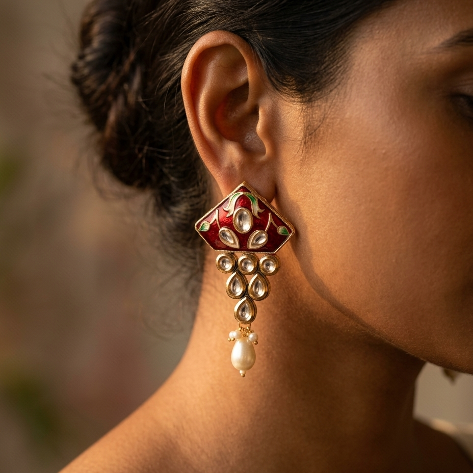 A close-up side profile of a woman wearing a traditional Indian gold-plated Kalka earring with red enamel, clear stones, and a dangling white pearl.