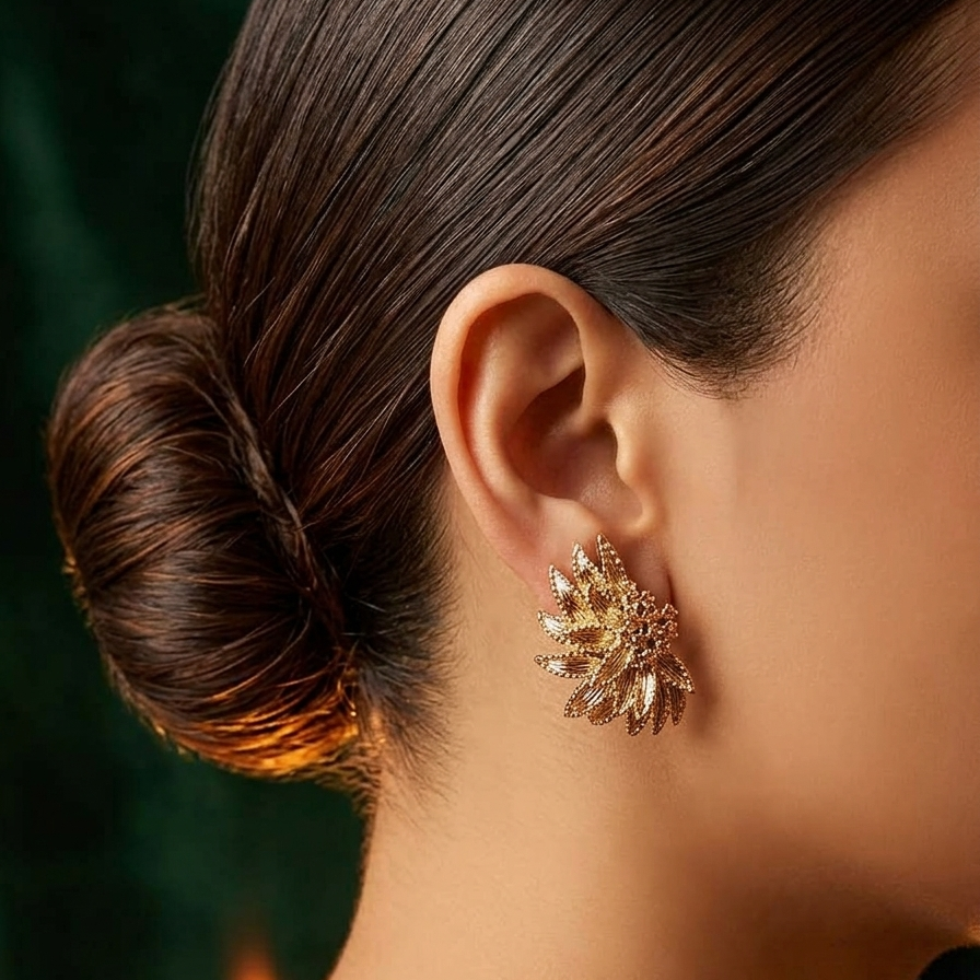 A close-up side profile of a woman with dark hair in a bun wearing a gold-toned, flower-like stud earring with sparkling clear stones against a dark green background.