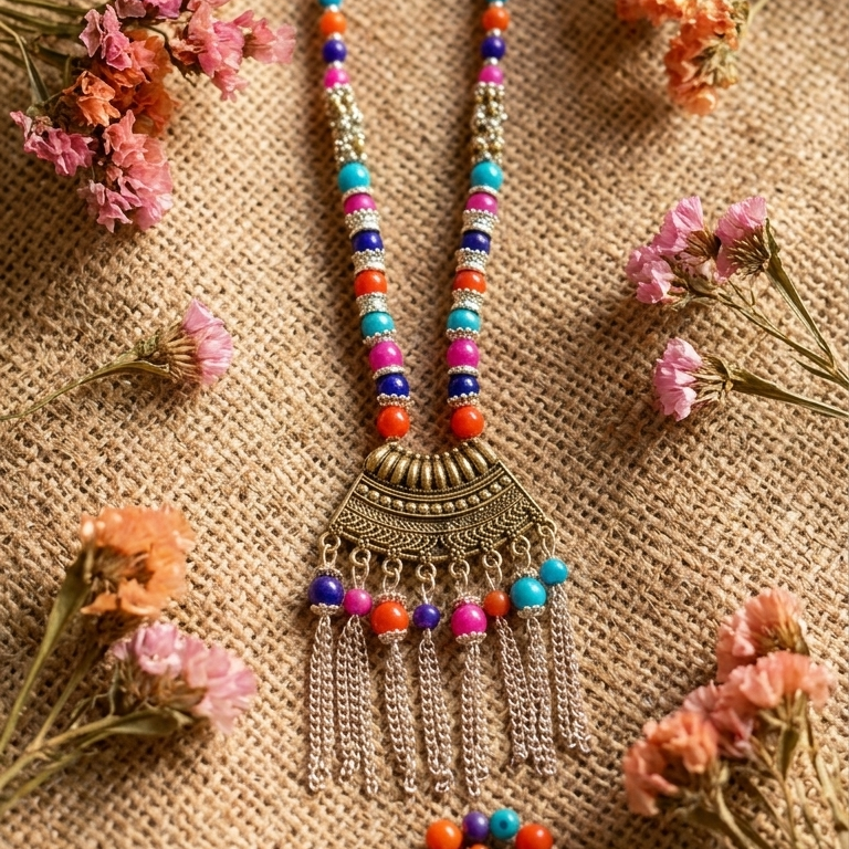 A colorful beaded necklace with a silver-toned semicircle pendxant and dangling chains, styled on a burlap background with dried pink and orange flowers. A matching beaded charm is placed below the necklace.