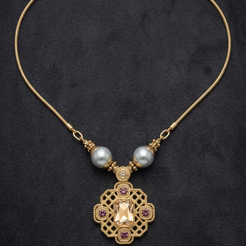 A gold-tone chain necklace with two white pearl-like beads and an ornate central pendant featuring a large clear faceted stone and small purple stones, displayed on a dark textured background.