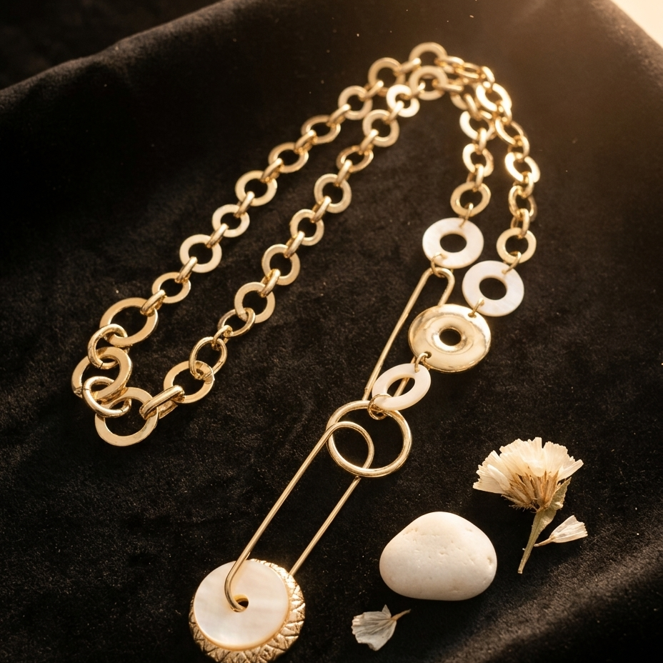 A gold-toned chain necklace with white circular shell-like disc accents and a safety-pin style connector, displayed on a black velvet surface with small dried flowers and a white stone prop.