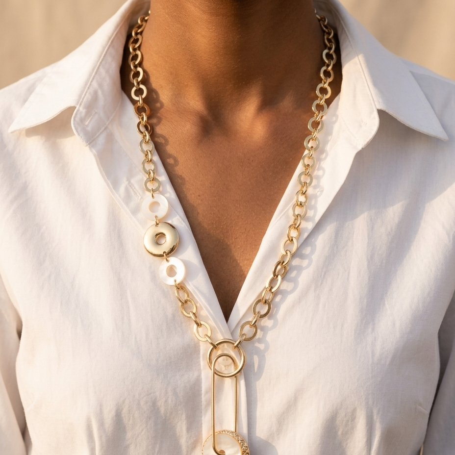 A gold-toned safety-pin chain necklace with circular disc charms, worn by a model wearing a white collared shirt.