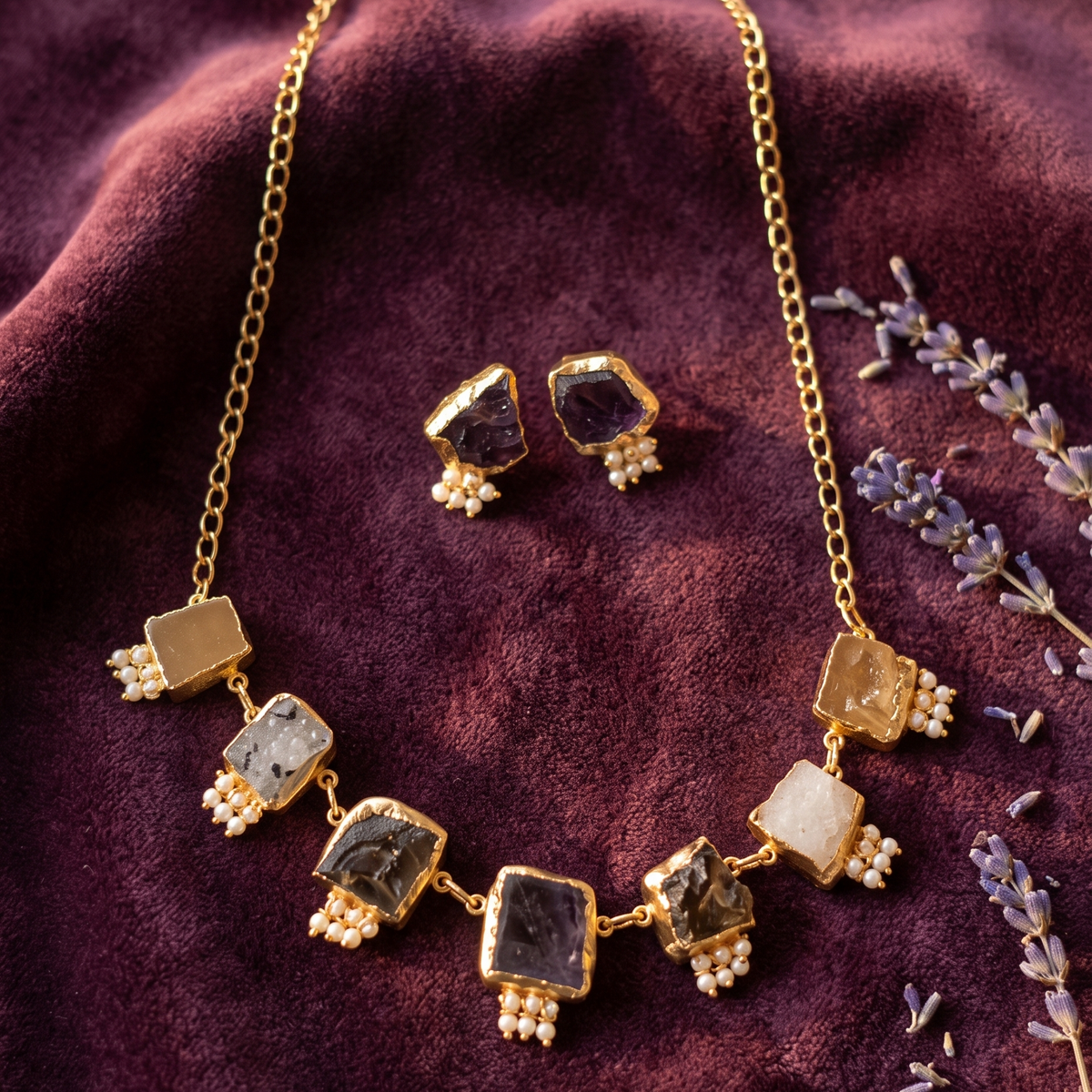 A gold-toned statement necklace and matching stud earrings displayed on a deep burgundy velvet fabric, accented with dried lavender sprigs. The necklace features multiple rectangular gemstone charms in black, white, and smoky tones, each decorated with small white bead clusters.