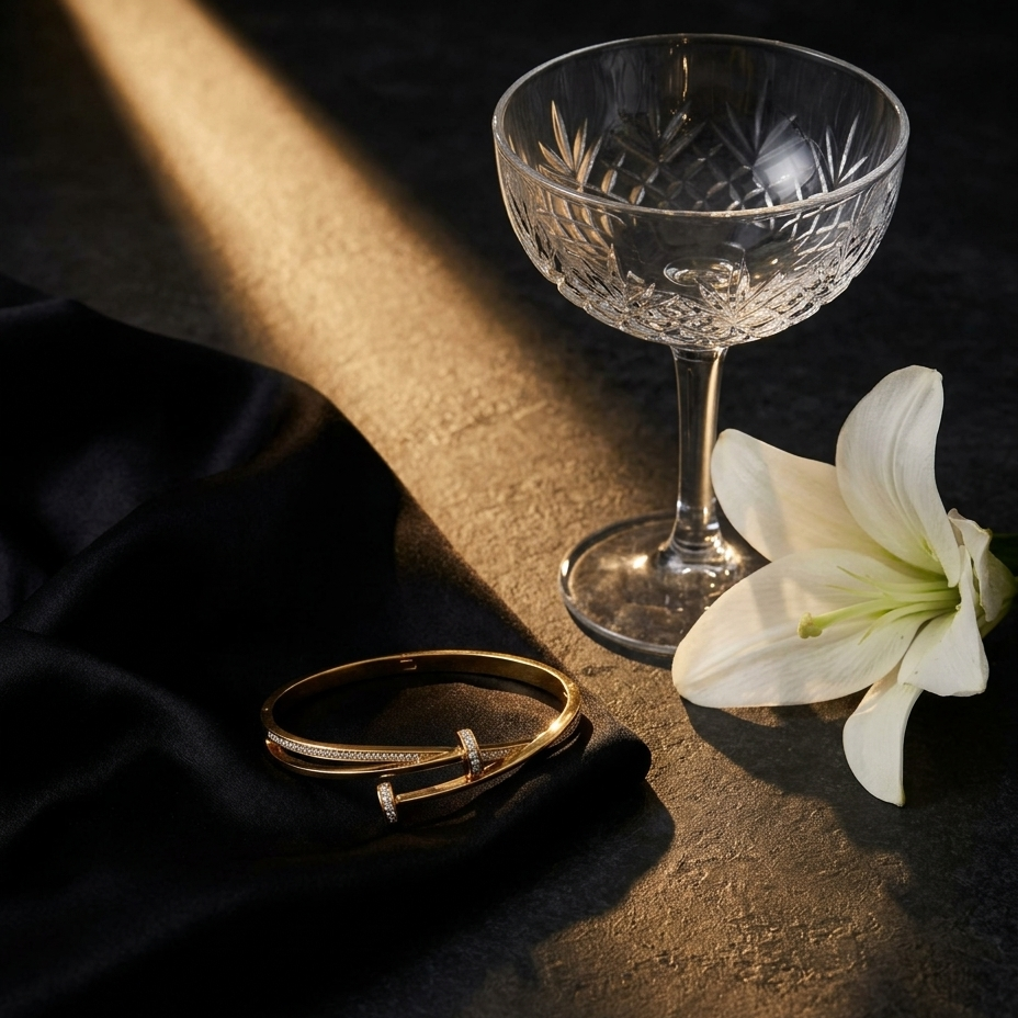 A gold bangle bracelet with a small cross detail, styled on a dark draped fabric next to a clear cut-glass coupe glass and a white lily flower under dramatic diagonal light.