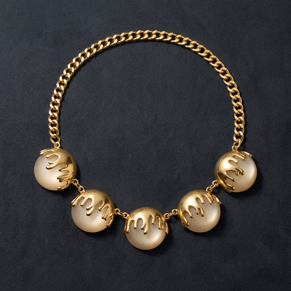 A gold chain necklace featuring five large, round cream-colored beads with dripping gold accents, displayed on a dark textured background.