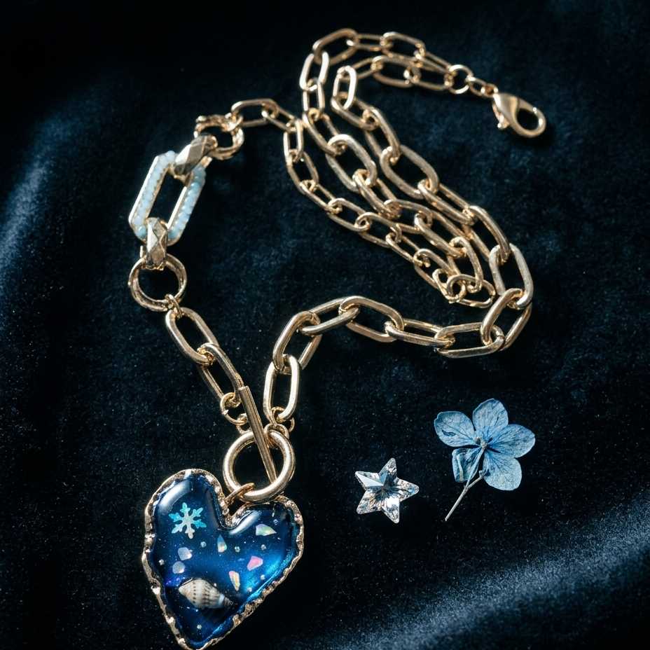 A gold chain necklace with a heart-shaped blue pendant featuring an ocean-themed pattern, displayed on a dark velvet background alongside a blue flower pin and a star-shaped charm.