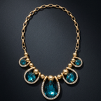A gold chain necklace with a statement bib-style pendant featuring large and small teal-blue gemstones and clear accent stones, displayed on a dark textured background.